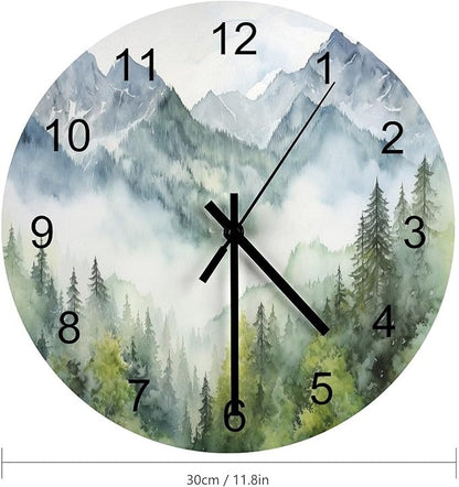 Forest Wall Clock 12 Inch Silent Non Ticking Clock Wooden, Watercolor Style Nature Woodland Green Forest Mountain Plant Wall Clock Battery Operated Kitchen Bedroom Living Room Decor