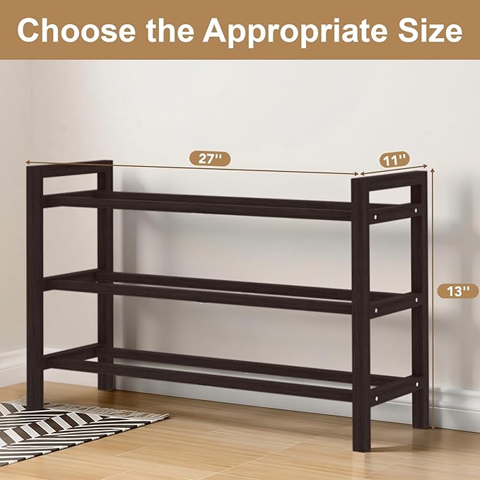 Haddockway Bamboo Shoe Rack for Closet, Free Standing Shoe Organizer with Smooth Round Rods & Convenient Handles, Stackable Shoe Storage Shelf for Entryway, Hallway(Brown, 3-Tier)