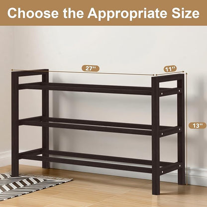 Haddockway Bamboo Shoe Rack for Closet, Free Standing Shoe Organizer with Smooth Round Rods & Convenient Handles, Stackable Shoe Storage Shelf for Entryway, Hallway(Brown, 3-Tier)