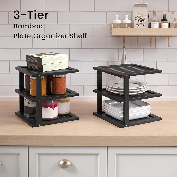 4 Pack Bamboo Corner Shelf,3 Tier Kitchen Cabinet Organizer for Plates and Dishes,Pantry Storage and Spice Rack（Black）