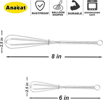 Anaeat Small Wire Whisk Set of 2, Portable Stainless Steel Kitchen Tiny Whisk & Egg Beater with Thick Wire - Sturdy Mini Mixing Balloon for Cooking, Blending, Whiping, Beating and Stirring (6" + 8")