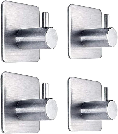 Silver Adhesive Towel Hooks Heavy Duty Stick on Wall Hooks Shower Hooks for Bathroom Kitchen Door-4 Packs