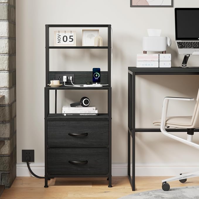 Furnulem Night Stand, Tall Nightstand with 4-Tier Shelves, 2 Fabric Drawers and Led Lights, Bed Side Tables with Charging Station, Bedside Table for Bedroom, Office, Black Oak | 4-Tier Shelves