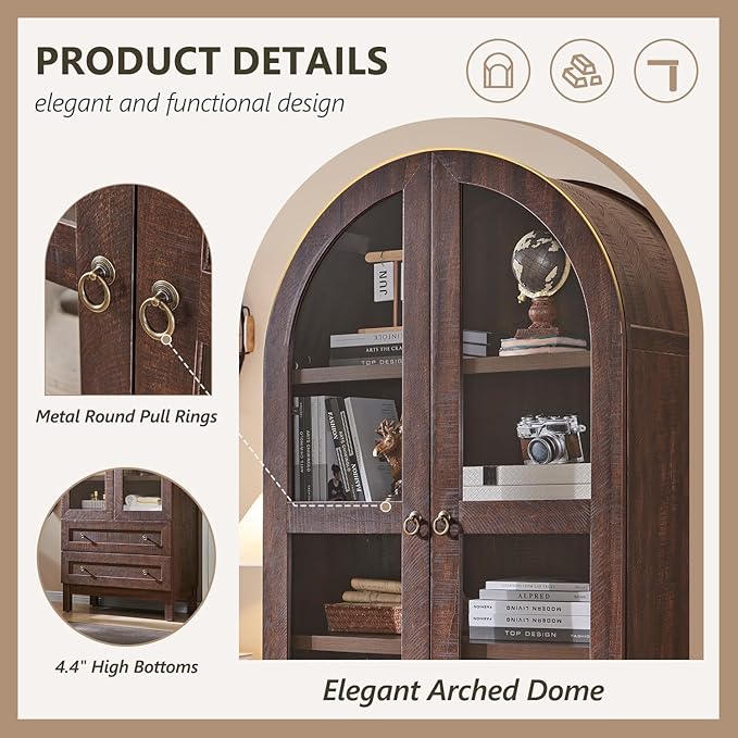 71" Tall Arched Bathroom Storage Cabinet, 4-Tier cabinet w/2 Large Drawers &Adjustable Shelves, Wooden bathroom Floor cabinets w/Glass Doors, Modern Farmhouse Versatile Cabinets for bathroom, Brown