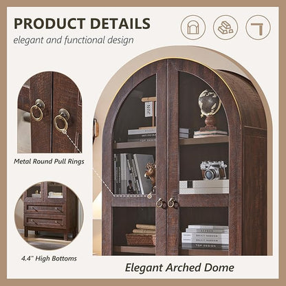 71" Tall Arched Bathroom Storage Cabinet, 4-Tier cabinet w/2 Large Drawers &Adjustable Shelves, Wooden bathroom Floor cabinets w/Glass Doors, Modern Farmhouse Versatile Cabinets for bathroom, Brown