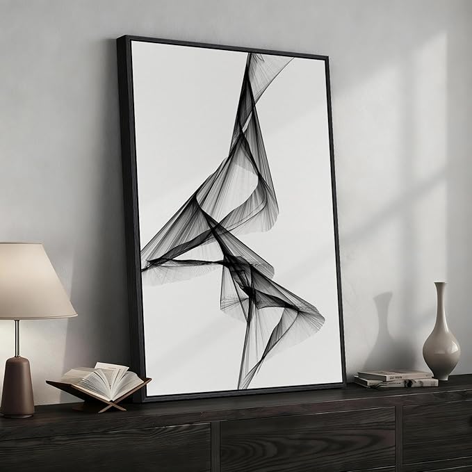 Framed Black and White Abstract Wall Art, Modern Minimalist 1 Piece Canvas Prints Paintings for Walls, Large Elegant Lines Pictures for Living Room Dining Bedroom Hallway Office Wall Decor 24x36 In