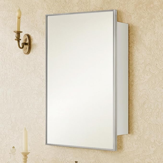 TEHOME 24'' x 30'' Brushed Nickel Recessed and Surface Mount Bathroom Nickel Medicine Cabinet with Mirror Square Cornered Metal Framed Rounded Rectangle Medicine Cabinet Mirror