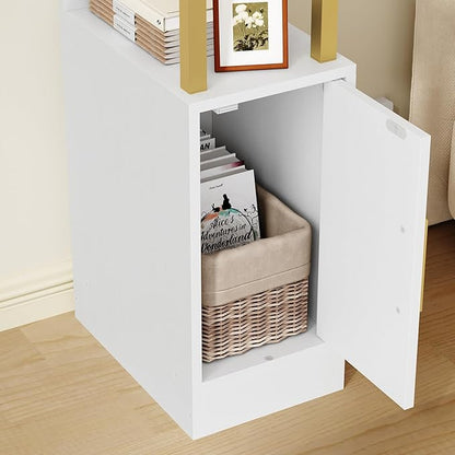 Narrow Nightstand, Bedside Table with Charging Station, Skinny End Table with Cabinet, Modern Night Stand for Small Spaces, Bed Side Cabinet for Bedroom, White and Gold ET27UDW