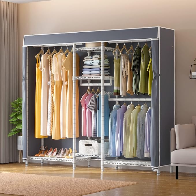 VIPEK Classic V6C Heavy Duty Covered Clothes Rack Portable Wardrobe Closet, 5 Tiers Wire Garment Rack White Metal Clothing Rack with Grey Oxford Cover, 70.1" L x 17.3" W x 76.4" H, Max Load 870 LBS