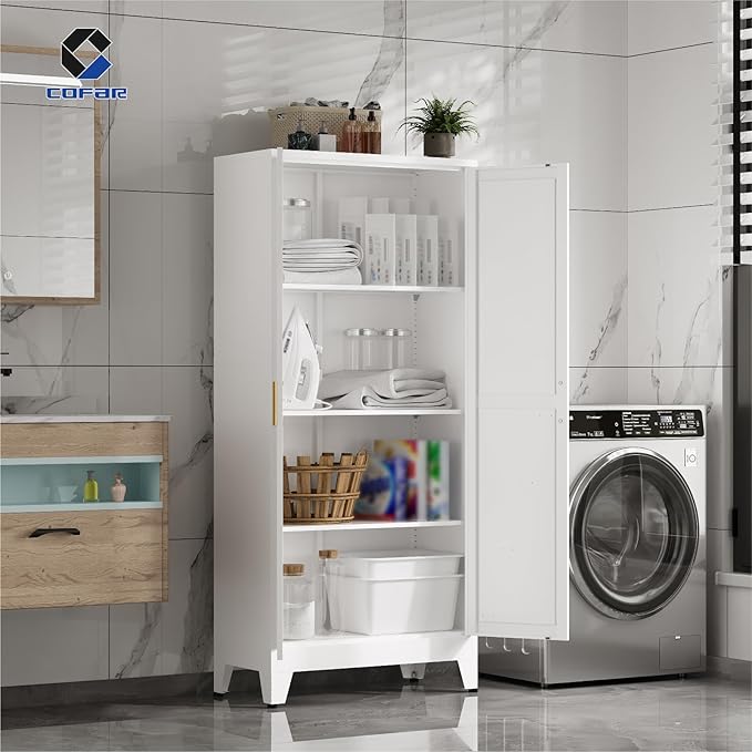 COFaR Farmhouse Kitchen Pantry Cabinet, 61 in Tall Metal Storage Cabinet with 3 Adjustable Shelves and 2 Barn Doors, Freestanding Cupboard for Garage Kitchen Office Bathroom Laundry, White 4 Tiers