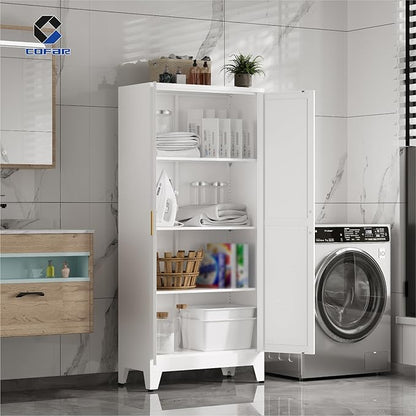COFaR Farmhouse Kitchen Pantry Cabinet, 61 in Tall Metal Storage Cabinet with 3 Adjustable Shelves and 2 Barn Doors, Freestanding Cupboard for Garage Kitchen Office Bathroom Laundry, White 4 Tiers