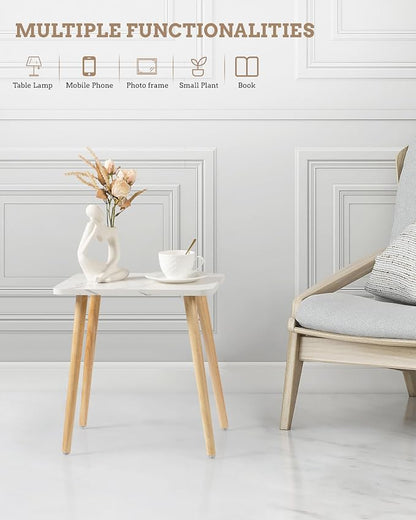 FORAOFUR Small Side Table, Set of 2 Modern Mini Coffee Table with Natural Wood Legs, Quick Assembly End Furniture for Bedroom Living Sofa, Minimalist Design for Nursery and Compact Homes, Marble