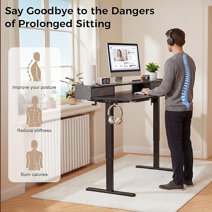 Electric Standing Desk with Drawers, 63 Inch Height Adjustable Desk with Power Outlets & LED Lights, Sit Stand Table with Monitor Stand for Home, Office, Black