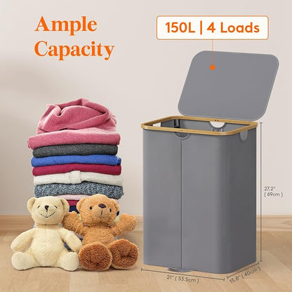 Lifewit 150L Double Laundry Hamper with Lid, Large Laundry Basket with Removable Bag & Bamboo Handles, Fodable Tall Dirty Clothes Hamper for Laundry Collapsible Bin for Bathroom Bedroom, Charcoal Gray
