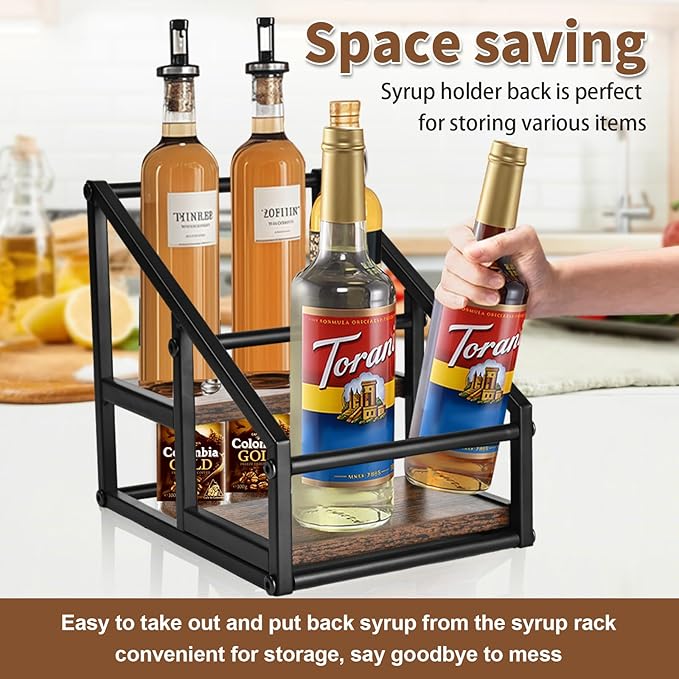YQBRAO Coffee Syrup Rack Organizer,Liquor Bottle Display Shelf,2-Tier 4 Bottle Stand for Coffee Bar, Kitchen Station, Liquor, Wine, Dressing,Rustic Brown