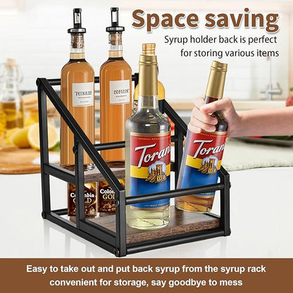 YQBRAO Coffee Syrup Rack Organizer,Liquor Bottle Display Shelf,2-Tier 4 Bottle Stand for Coffee Bar, Kitchen Station, Liquor, Wine, Dressing,Rustic Brown