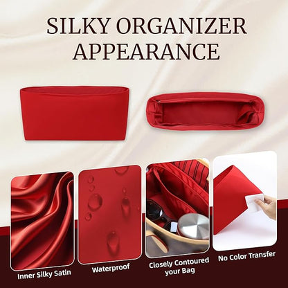 Purse Organizer Insert, Satin Tote Bag Organizer with 8 Sizes, Handbag Dividers for Inside Purse, Compatible with Longchamp, Neverful, 25C Hobo and More Bags（Slender Large,Ruby）