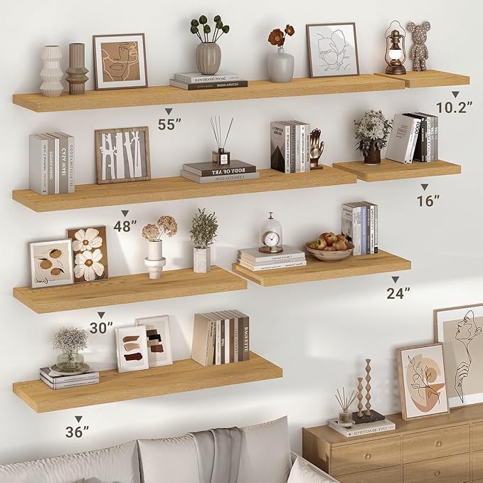 Vivelove 10" Deep Floating Shelves with Invisible Brackets, 36" Wall Shelves for Bathroom Bedroom Kitchen Living Room Laundry Room, Modern Rustic Shelves for Home Decor, 36"x10.2"x1.5", Set of 2, Oak