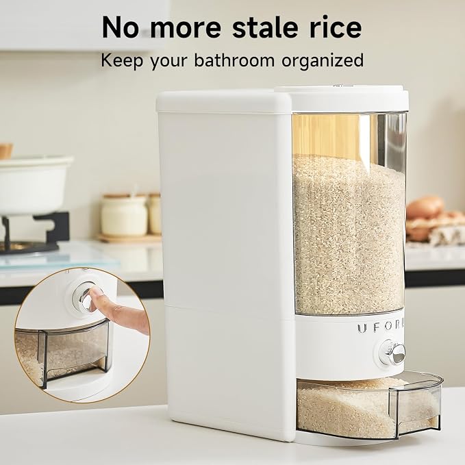 UFORU Rice Dispenser 20 lbs | Large Rice Storage Container for Kitchen&Pantry - Space-saving, Moisture & Pest-proof, BPA-Free - Dry Food Dispenser with One-Touch Dispenser & Measuring Cup for Families