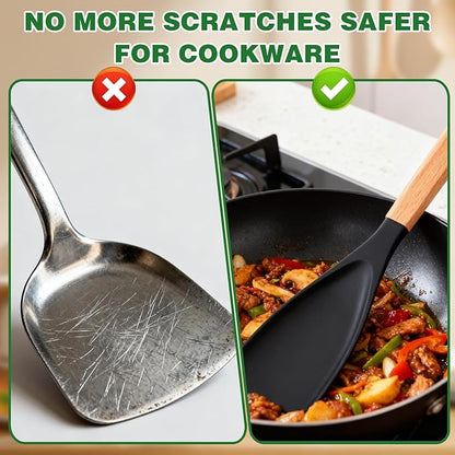 2PCS Cedar and Ash Spoon, Multifunction Nonstick Cookwares Spatula Cooking Spoon, Matte Silicone, Wood Handle Spoon for Mixing, Scoop, and Scrape (Black)