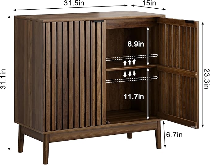 Sideboard Buffet Cabinet with Storage, Freestanding Kitchen Storage Cabinet with 2 Slatted Doors and Adjustable Shelves, Wooden Cupboard for Kitchen, Entryway (Slatted Door Walnut)