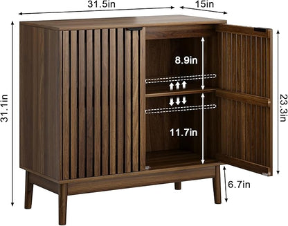 Sideboard Buffet Cabinet with Storage, Freestanding Kitchen Storage Cabinet with 2 Slatted Doors and Adjustable Shelves, Wooden Cupboard for Kitchen, Entryway (Slatted Door Walnut)