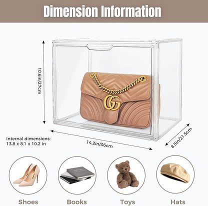 6Pack Purse Organizer for Closet Clear Acrylic Display Case Handbag Storage Organizer Box with Magnetic Door Stackable Storage Bins with Dustproof Lid for Book Toys Shoes Cosmetic Collectibles