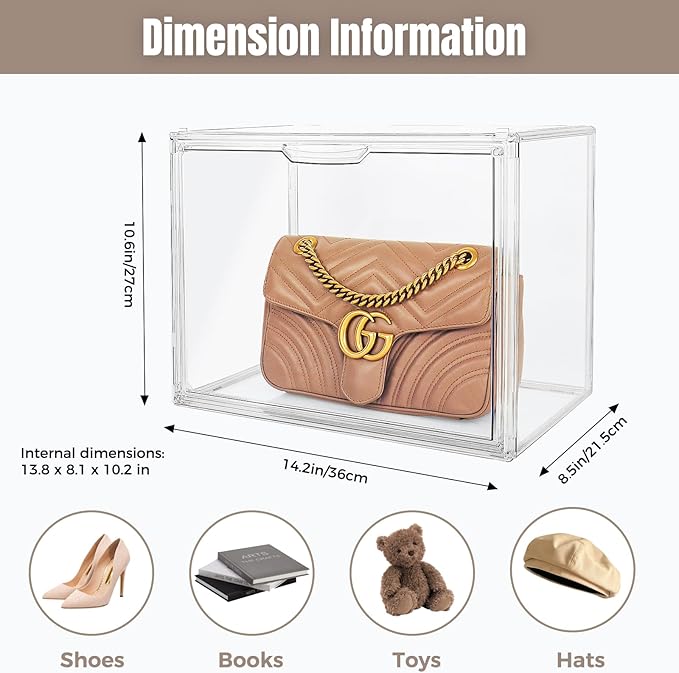 3Pack Purse Organizer for Closet Clear Acrylic Display Case Handbag Storage Organizer Box with Magnetic Door Stackable Storage Bins with Dustproof Lid for Book Toys Shoes Cosmetic Collectibles