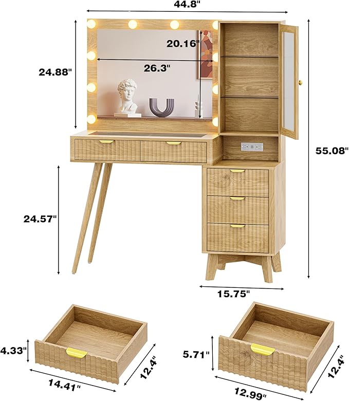 Vanity Desk with Mirror and Lights, 45" Fluted Makeup Vanity Desk with Lights &5 Drawers, Glass Top Vanitys with Lighted Mirror and RGB Cabinet, Dressing Table with Power Outlet for Bedroom, Oak