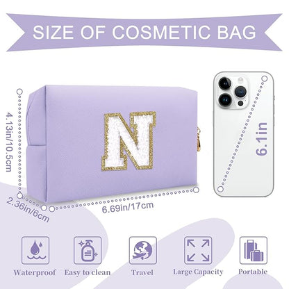 Personalized Makeup Bag Initial A-Z Preppy Patch Bag,Small PU Leather Travel Cosmetic Bag Pouch with Zipper,Purple Cute Toiletry Bag,Gift Ideal for Teen Girls Women Birthday Friend Mom,Latter N
