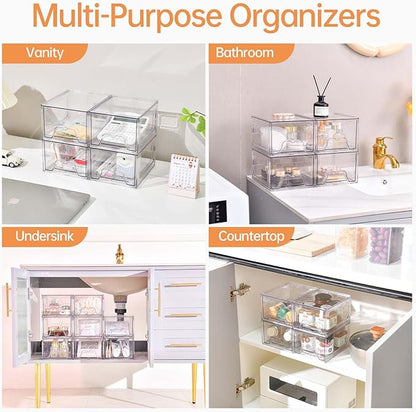 4 Pack Stackable Makeup Organizer, 4.4'' Tall Acrylic Bathroom Makeup Organizer and Storage Drawer with Pull-out Handle, Clear Plastic Storage Bins for Vanity,Pantry,Desk,Undersink,Kitchen