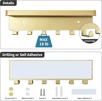 GTK Key Holder for Wall, Key Hooks with Tray and 6 Hooks, Wall Mounted Key Holder for Hallway, Key Rack with Shelf for Mail Storage (Gold)