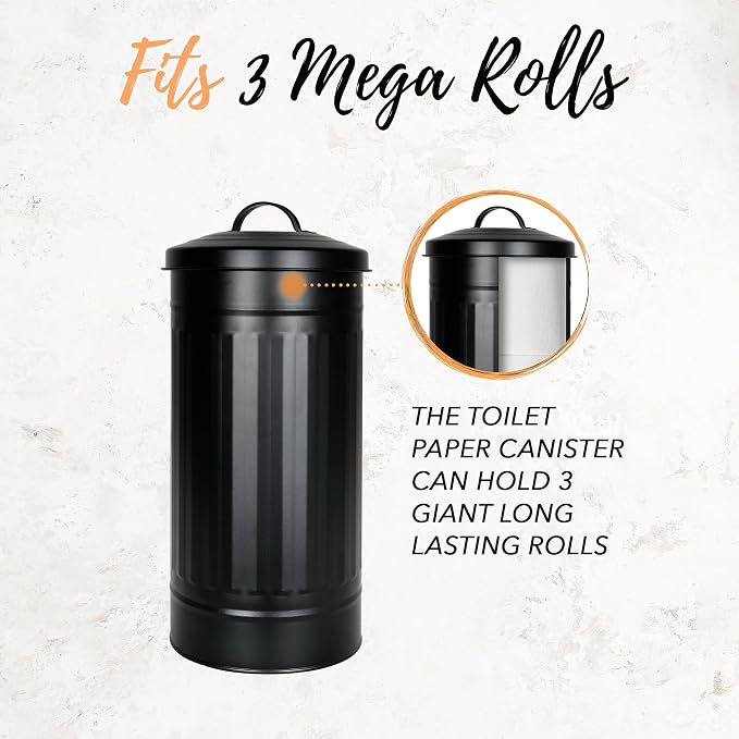 Autumn Alley Black Toilet Paper Holder Canister with Lid – Rustproof Free-Standing Farmhouse Metal Covered Toilet Paper Holder for Mega Rolls, Rustic Enclosed Toilet Paper Storage Stand