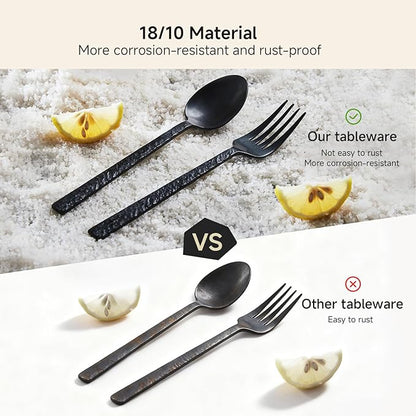 KINGSTONE 30 Pcs Black Hammered Silverware Set for 6, 18/10 Stainless Steel Heavy Duty Flatware Set, Tableware Cutlery Utensil Sets for Home Restaurant Dishwasher Safe