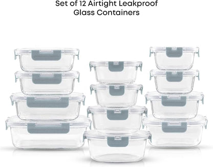 JoyJolt 24pc Borosilicate Glass Storage Containers with Lids | 12 Airtight/Freezer Safe Food Storage Containers for Pantry and Kitchen | Meal Prep Container for Lunch | Glass Tupperware Set