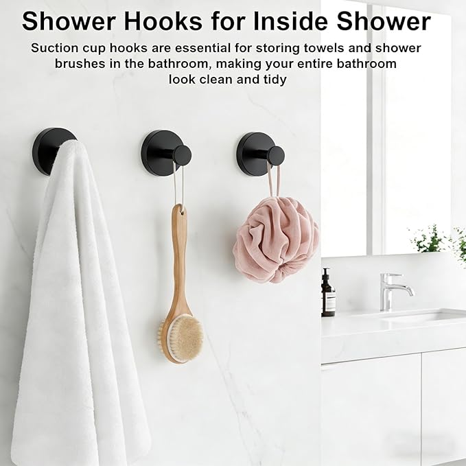 Herda Shower Hooks for Inside Shower, Reusable Stainless Steel Heavy Duty Suction Cup Hooks for Windows, Glass Door, Mirror, Tile, Waterproof Drill-Free Towel Hooks, Holds Up to 15 Lbs - 4 Pack, Black