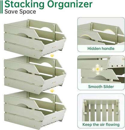 Wood Potato Onion Storage Bins - Wooden Stackable Produce Basket - Fruit Vegetable Storage for Kitchen Pantry Organization, Set 3 Pieces