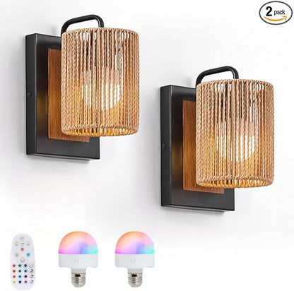 Battery Operated Wall Sconces Set of 2, Wireless Boho Rattan Wall Lights with Dimmable Bulbs, Remote & 12-Color RGB, Rechargeable Lamps for Bedroom, Living Room, Hallway Indoor Lighting