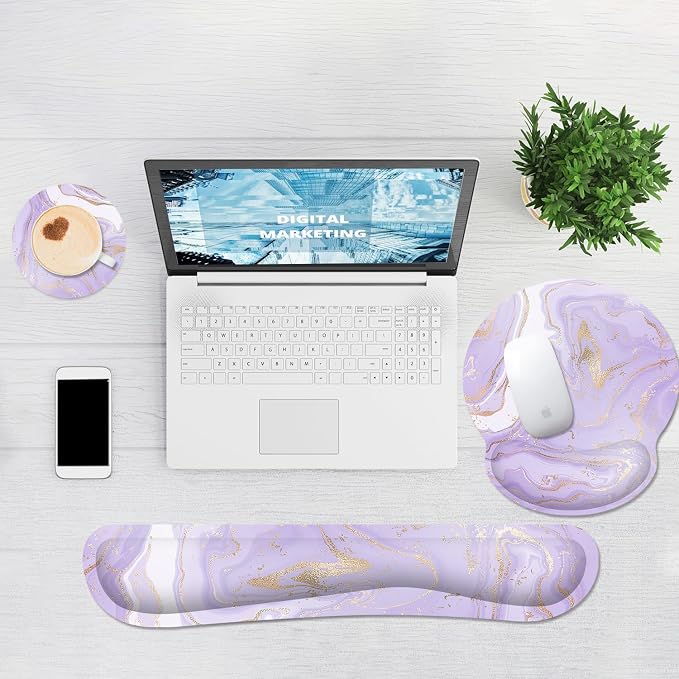 Ergonomic Mouse Pad with Wrist Rest and Keyboard Wrist Rest, Memory Foam Wrist Rest for Computer Keyboard, Easy Typing, Pain Relief, Mouse Pad Wrist Support for Gaming,Office, Laptop, Purple Marble