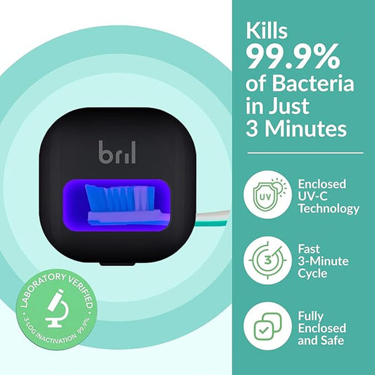 Bril UV-C Toothbrush Sanitizer and Holder – Wall Mounted, Rechargeable, 30-Day Battery, Magnetic Mount, Fits Electric and Manual Brushes, Portable Travel Case, Auto-Shutoff – Black