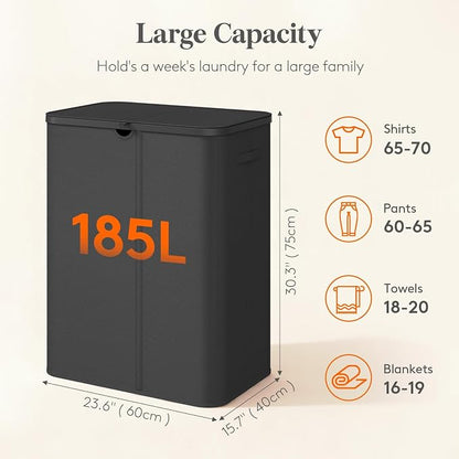 Lifewit 185L 3 Section Laundry Hamper with Lid, Large Laundry Basket with Handles and Removable Bags, Tall Clothes Hamper, Foldable Laundry Sorter for Bedroom Bathroom, Black