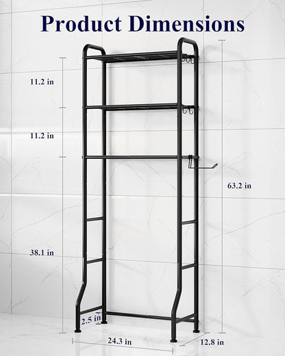 Kitsure Over Toilet Storage Rack - Metal Over Toilet Bathroom Organizer Shelf, Over the Toilet Storage Cabinet with Paper Holder and Hooks, Bathroom Cabinet for Laundry, Black, 3 Tiers (63.2" H)