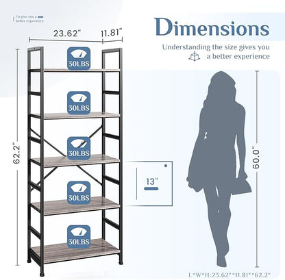 DUMOS 5 Tiers Bookshelf, Classical Book Shelf, Tall Display Shelves in Living Room/Home/Office, Storage Organizer for CDs/Books/Movies, Wood Grey