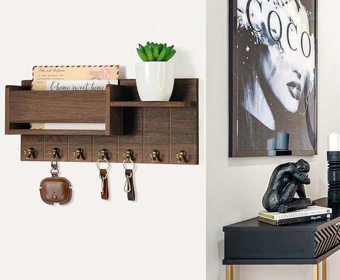 Key Holder Wall Mount - Decorative Key Rack and Mail Organizer with 7 Key Hooks - Wooden Key Hanger with Shelf for Living Room Decor - Rustic Farmhouse Home Entryway Aesthetic Essentials