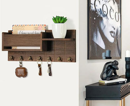 Key Holder Wall Mount - Decorative Key Rack and Mail Organizer with 7 Key Hooks - Wooden Key Hanger with Shelf for Living Room Decor - Rustic Farmhouse Home Entryway Aesthetic Essentials