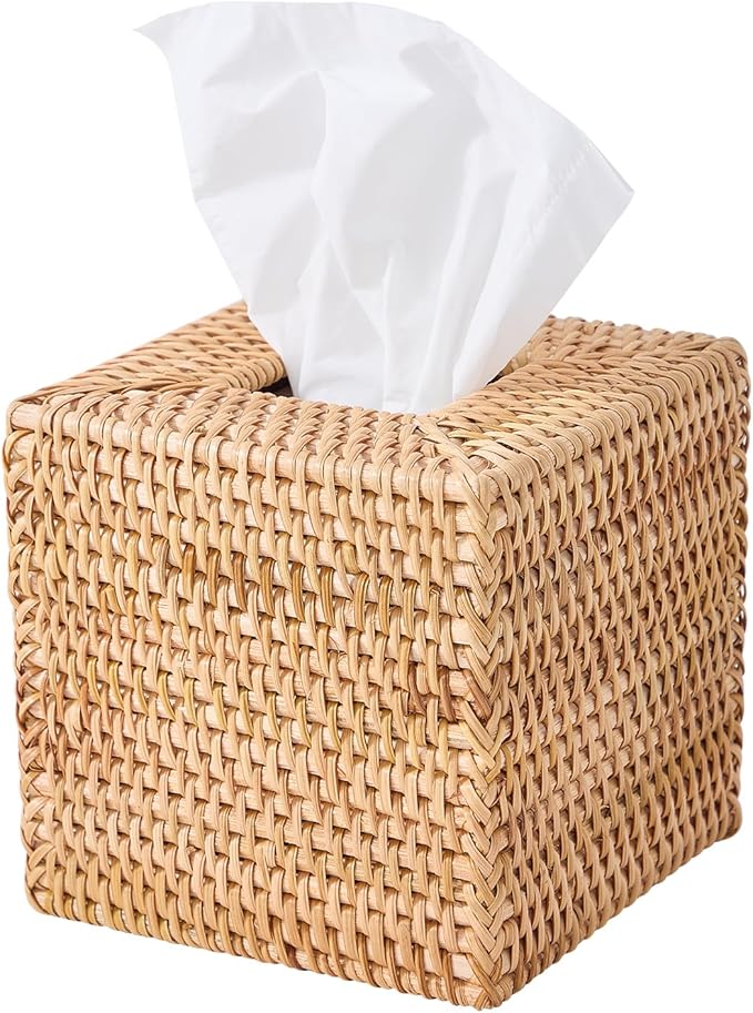 Hand-Woven Rattan Tissue Box Cover, Square Wicker Tissue Holder, Natural Woven Facial Napkin Holder
