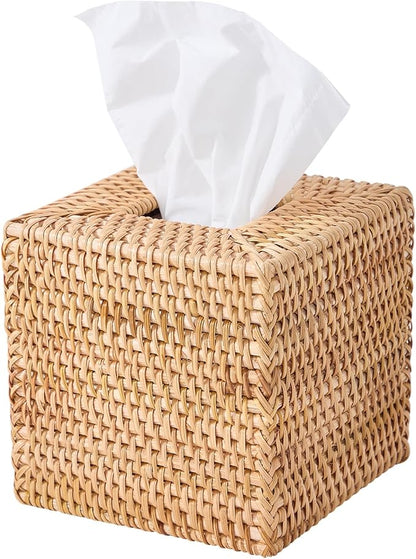 Hand-Woven Rattan Tissue Box Cover, Square Wicker Tissue Holder, Natural Woven Facial Napkin Holder