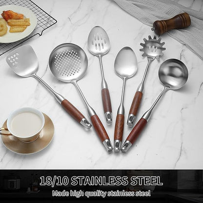 Stainless Steel Kitchen Utensils Set with Wood Handle, 18/10 Metal Cooking Utensils Set, 6-Piece - Spatula, Spoon, Ladle, Skimmer, Slotted Spoon, Pasta