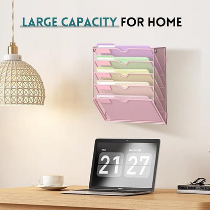 SUPEASY 5 Tier Wall File Organizer, Hanging Wall Mounted Mail Organizer with Label Slots, Metal Mesh File Holder Magazine Rack for Office, Home, School, Pink