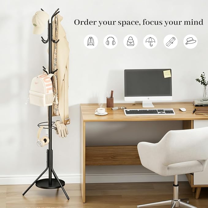 Kitsanery Coat Rack Freestanding,Metal Coat Tree with Umbrella Holder,Hat and Coat Rack Stand for Entryway, Hallway, Living Room, Bedroom (Black)